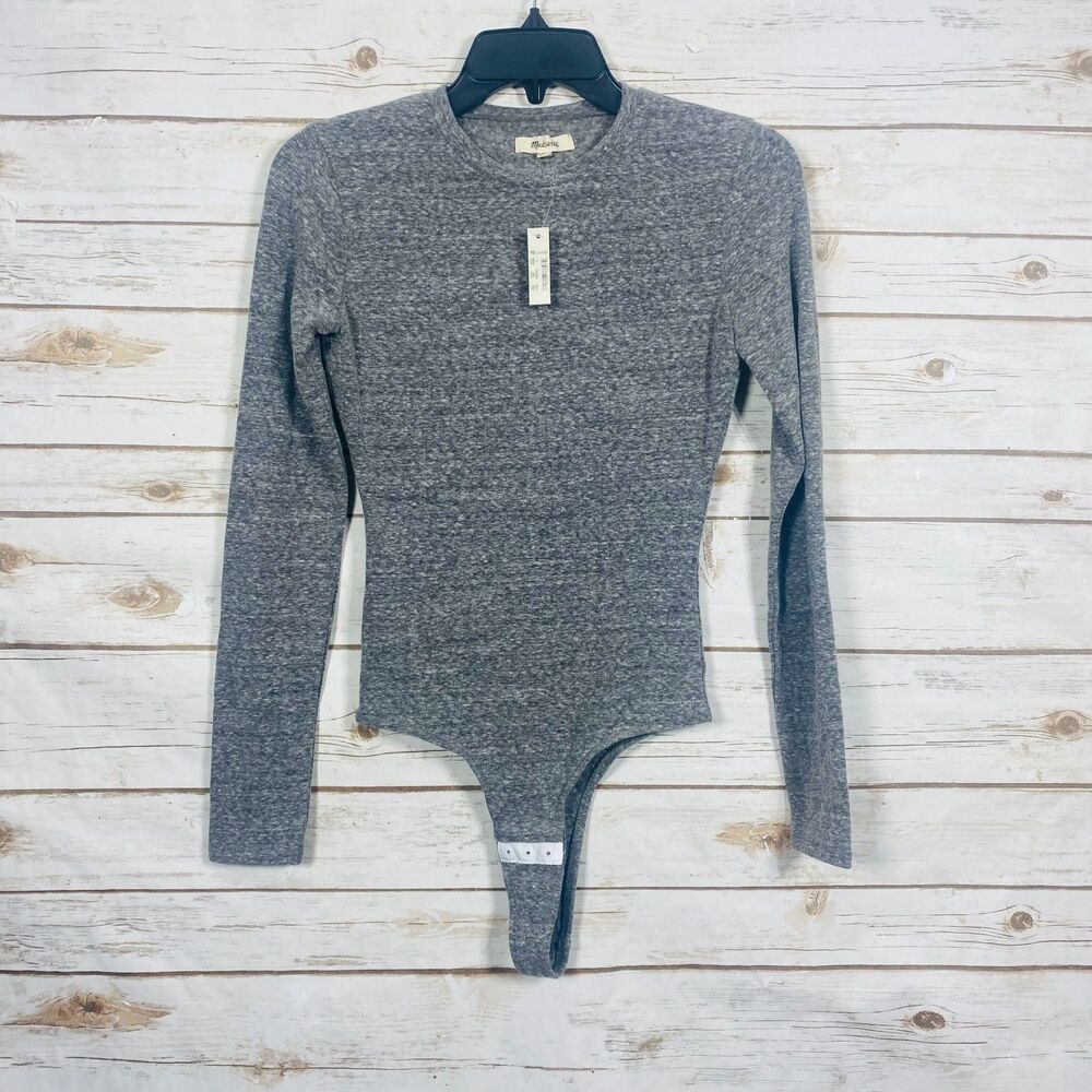 Madewell Women Long Sleeve Bodysuit Crewneck Snap Crotch Heather Grey Size S